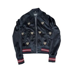 Straight To Hell GABRIELLE Embroider Cheetah Black Velvet Bomber Jacket XXS READ